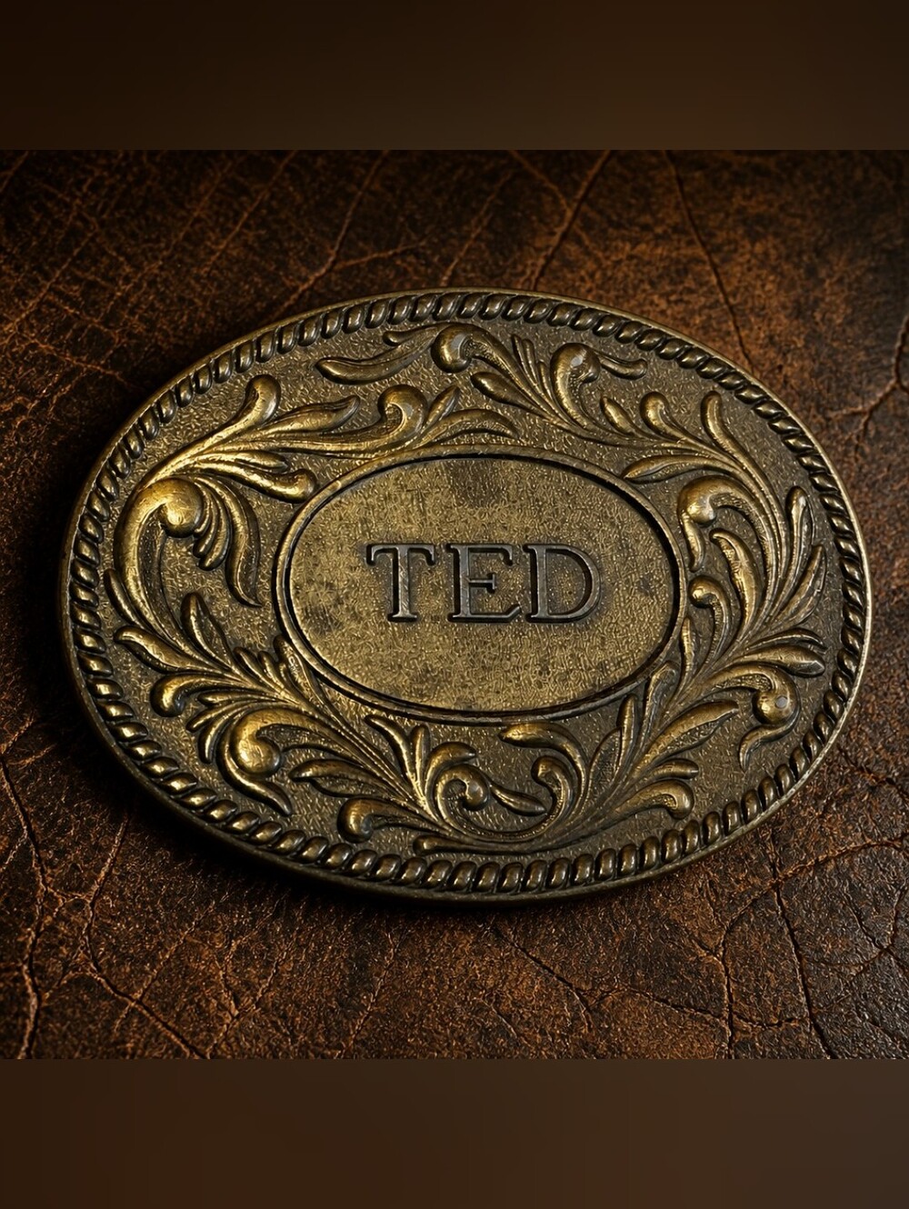Vintage 1977 The Kinney Co. "TED" Oval Brass Western Style Name Belt Buckle 1234